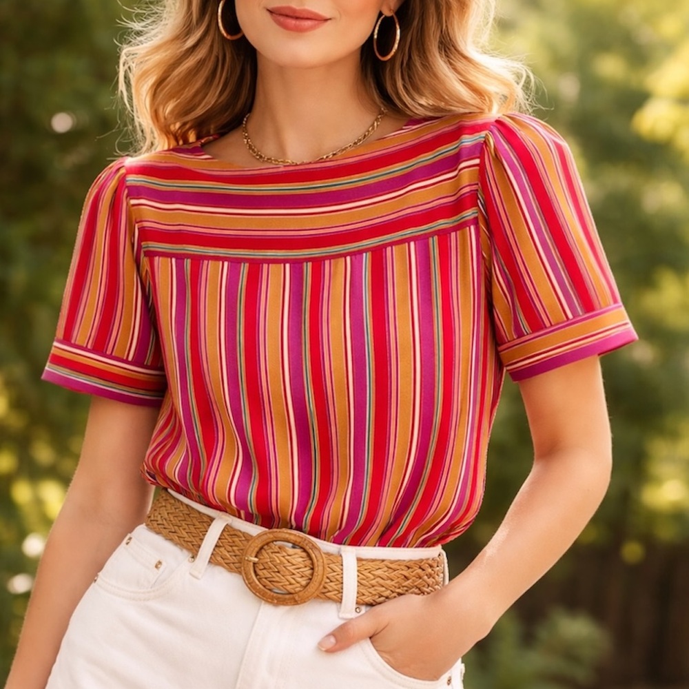 Vintage Yves Jennet 70s Sunset Stripe Blouse M Bold Candy Colors ILGWU USA Made
